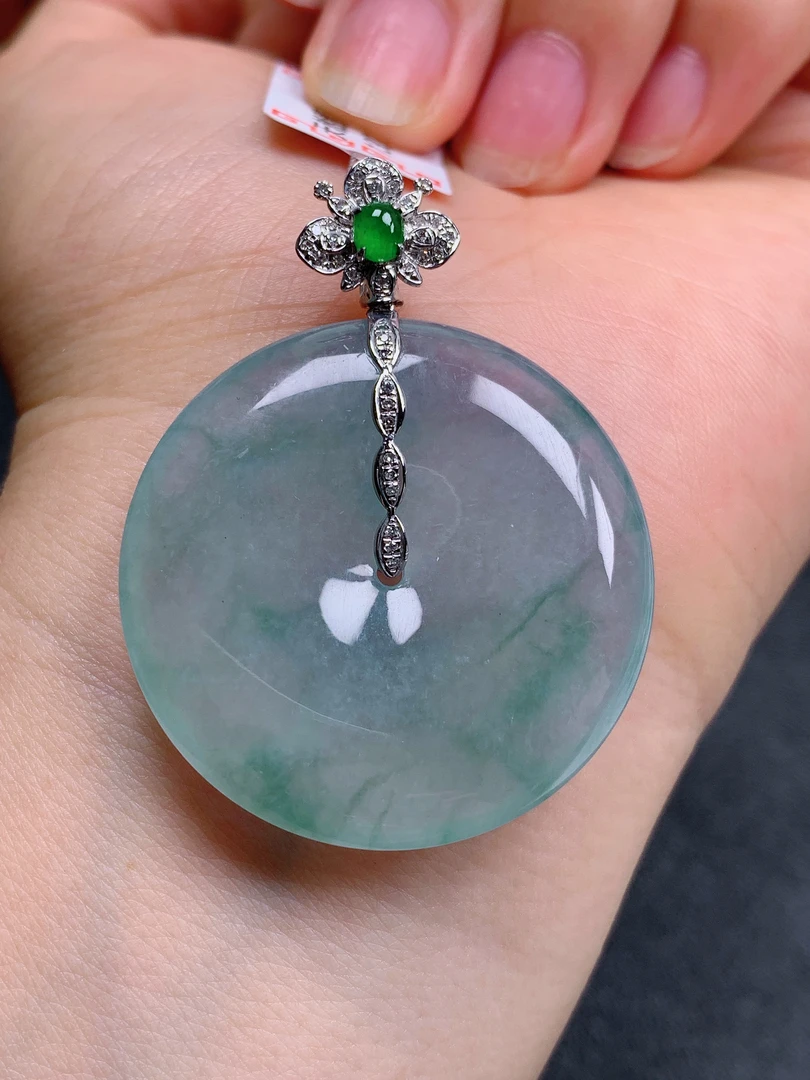 天然缅甸翡翠A货18k冰飘花平安扣气质精美尺寸34+6.1  284