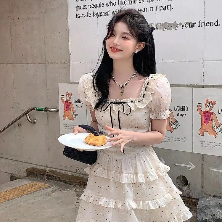 大码中长款方领泡泡袖波点小蛋糕连衣裙女夏季法式复古气质裙子