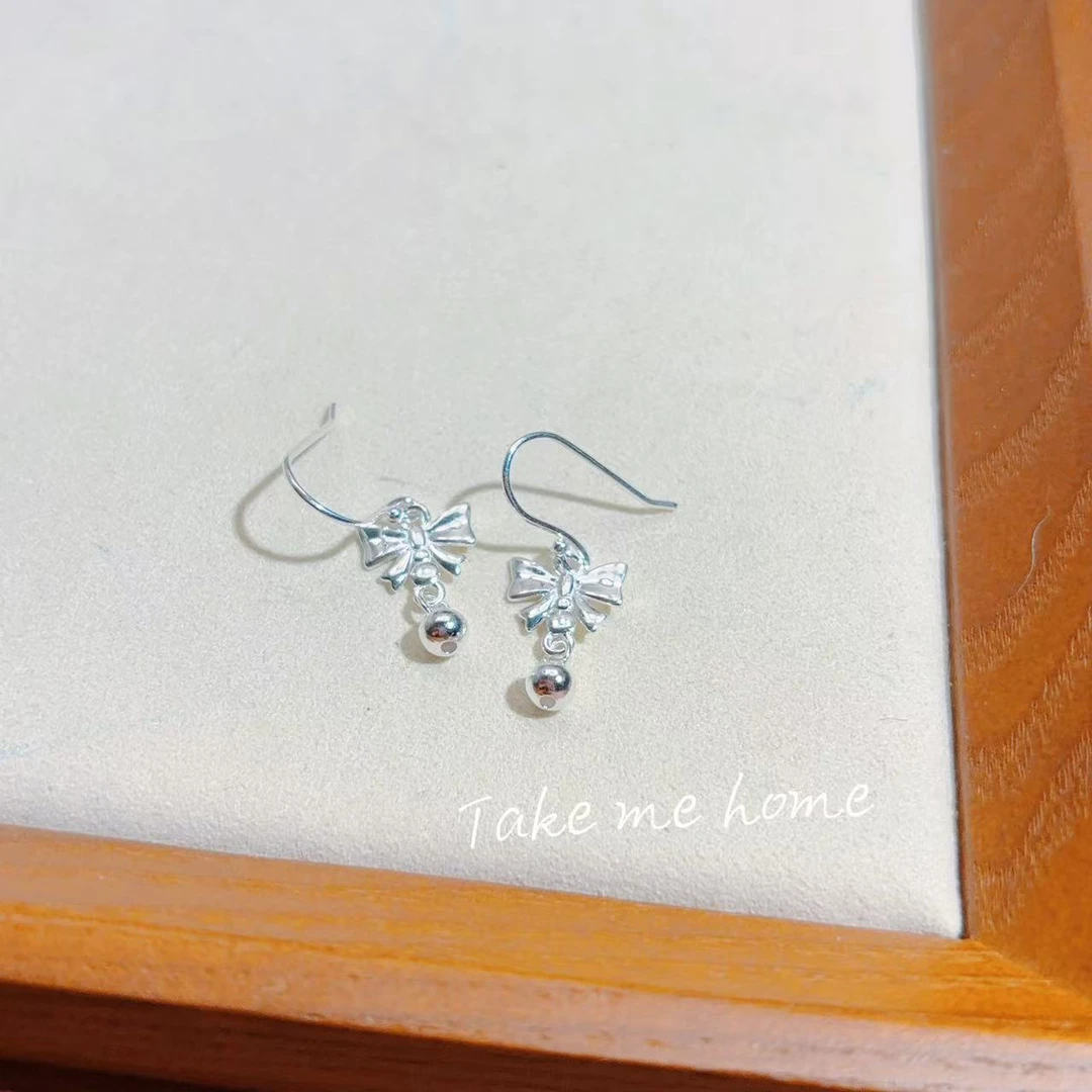 足银耳饰 足银蝴蝶结小银豆耳钩