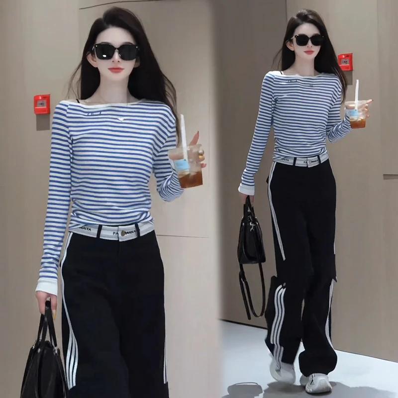 时尚套装女2025春季新款时髦洋气长袖条纹上衣工装阔腿裤两件套潮
