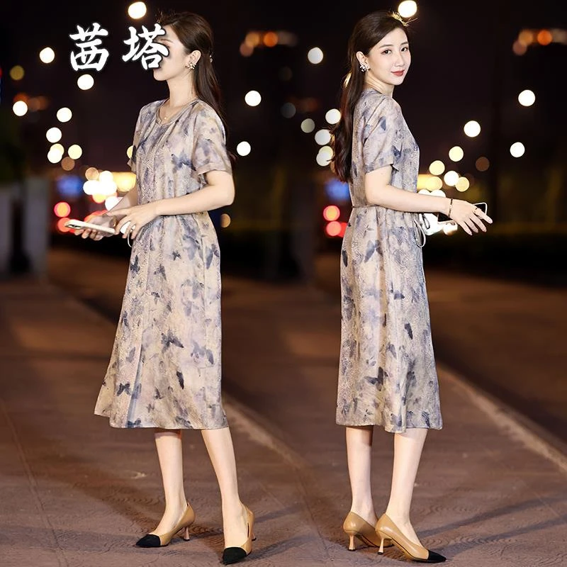 复古印花连衣裙女装2025年夏季时尚百搭新款优雅气质显瘦提花裙子
