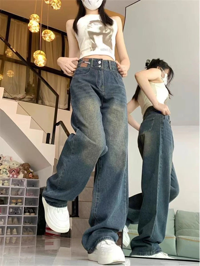 见{默认微瑕}四季款高腰显瘦后妈直筒喇叭阔腿烟管弹力牛仔裤女