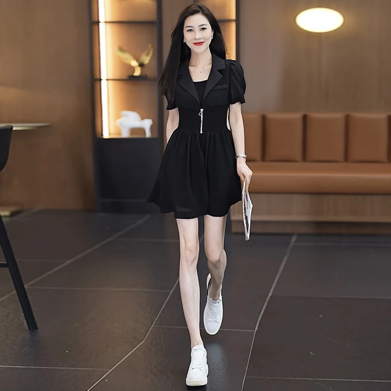 慵懒风套装裙女2025年夏季新款翻领泡泡袖衬衫阔腿短裤背心三件套