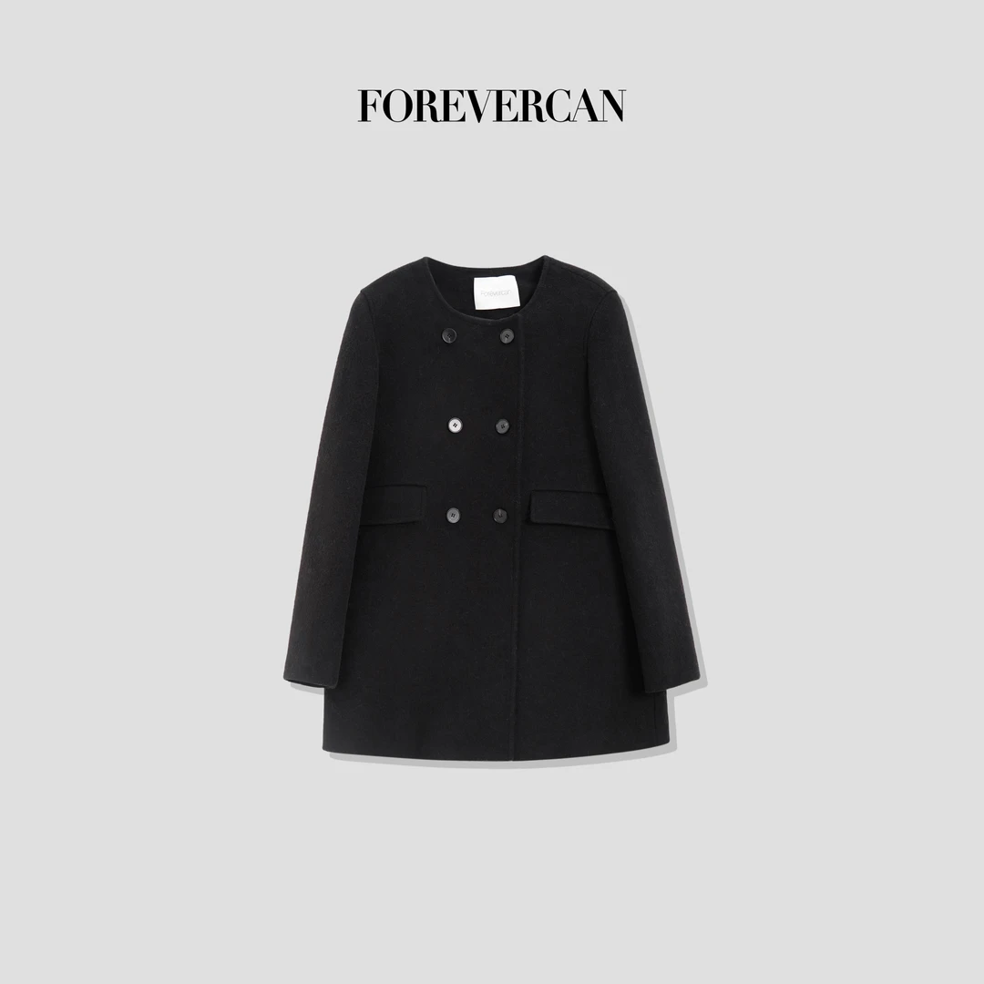 FOREVERCAN“帕森斯”复古英伦感双排扣羊毛呢中长款外套 SC22507