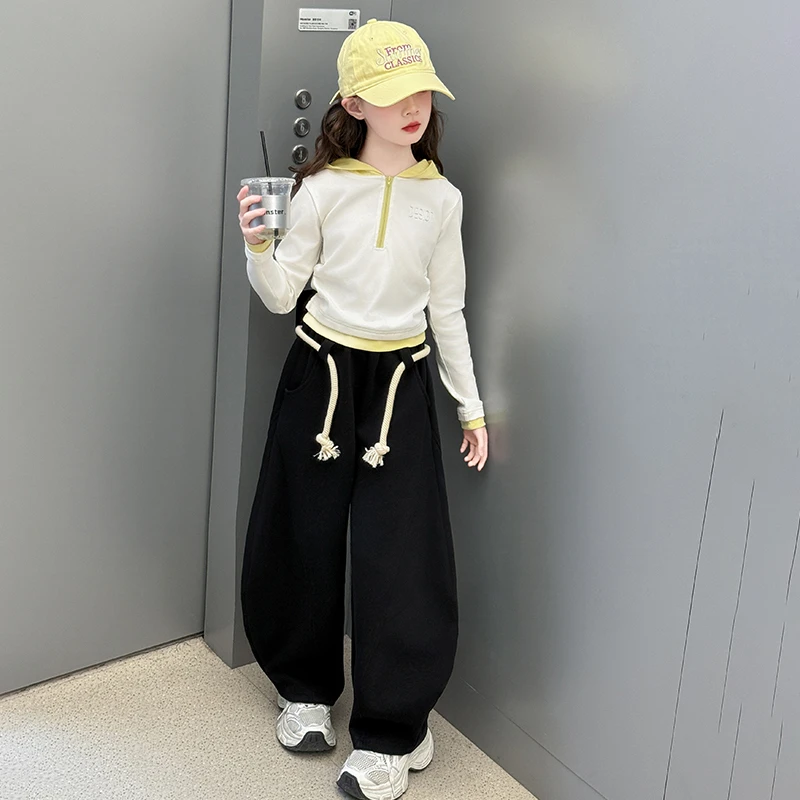 女童运动套装春秋2025新款女大童韩系连帽打底衫弯刀裤春装两件套
