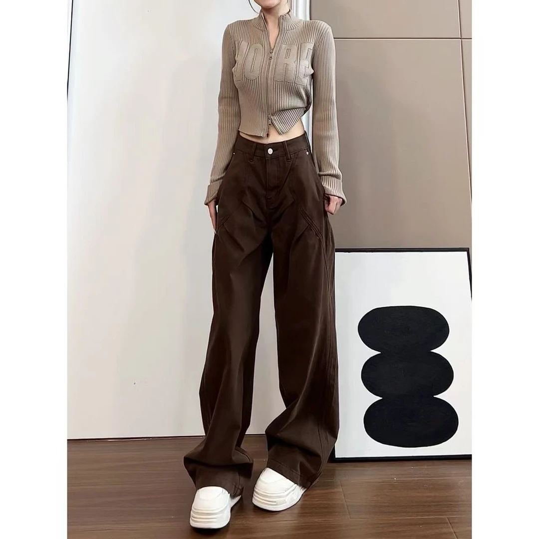 【原野】美式复古咖色水洗牛仔裤女修身显瘦阔腿拖地长裤-K2993