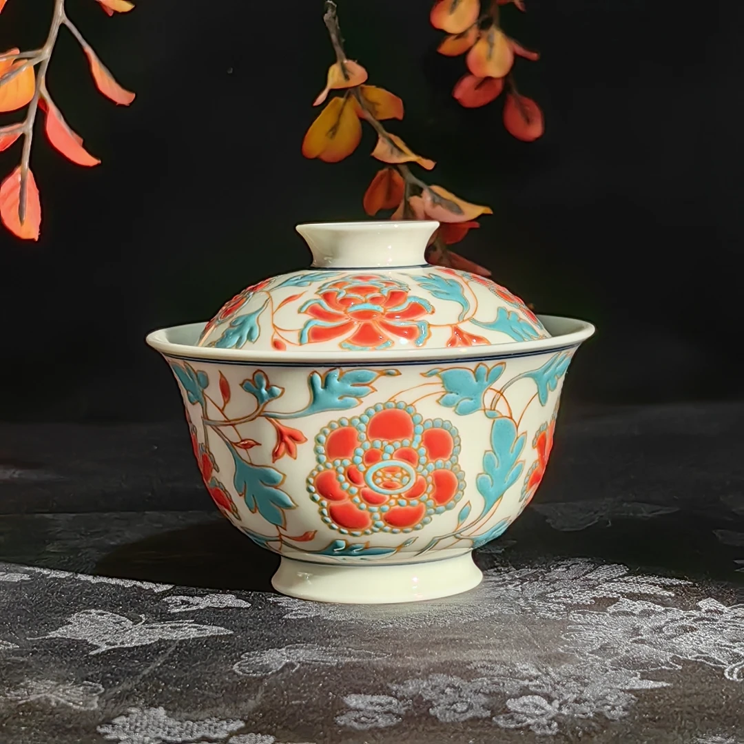 立勤堂 二号釉红绿彩四项牡丹盖碗 LQ553