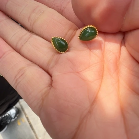 和田玉耳饰银S925镶嵌滴水