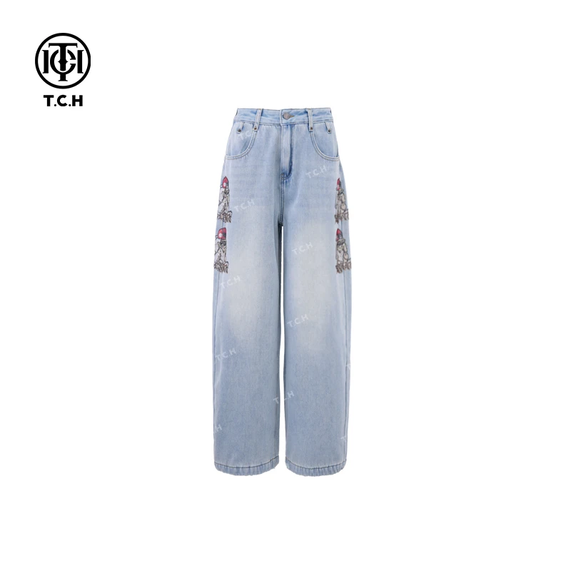私服-TCH潮牌24秋冬加绒加厚小兔子烫钻直筒牛仔裤T72C20E5135