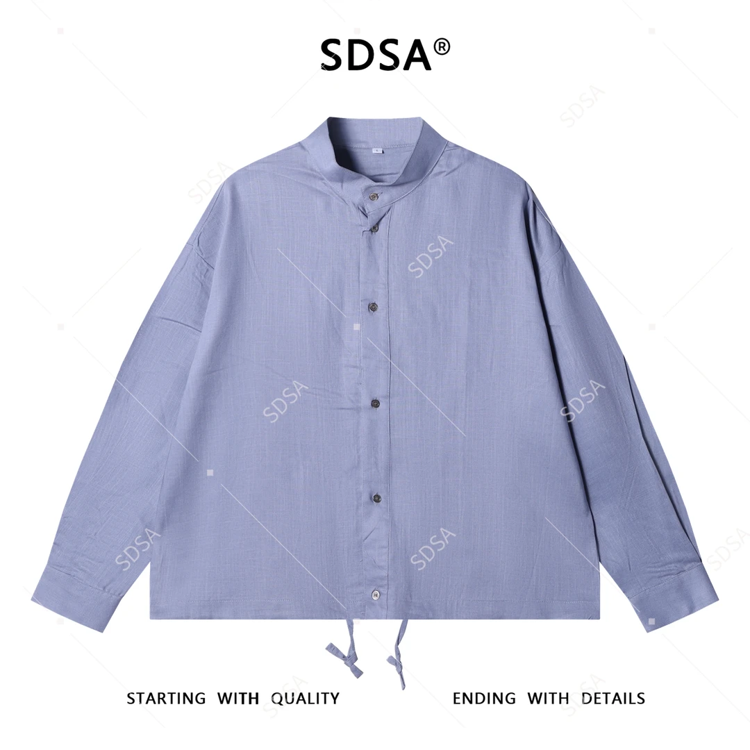 SDSA男士秋冬新款痞帅男装老钱风纯色纽扣半高领拉绳长袖衬衫时尚
