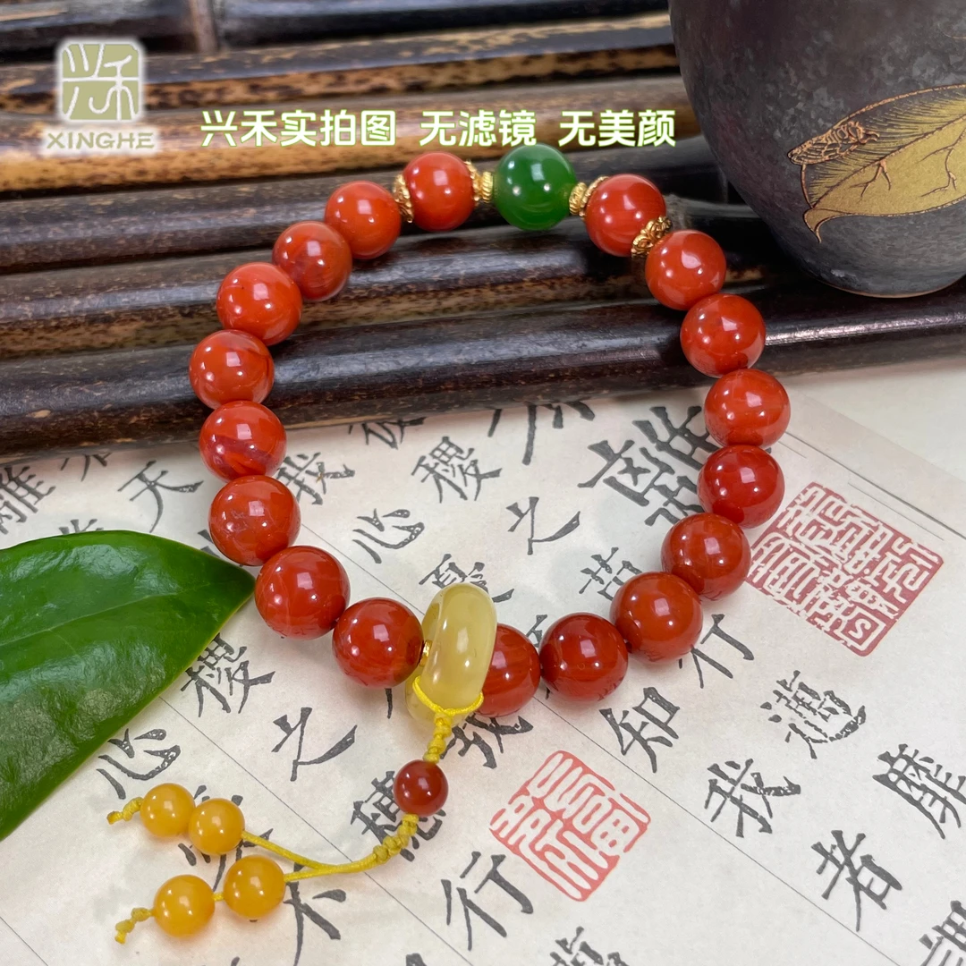 南红满肉碧玉蜜蜡背云手串9mm国风中式首饰E4020