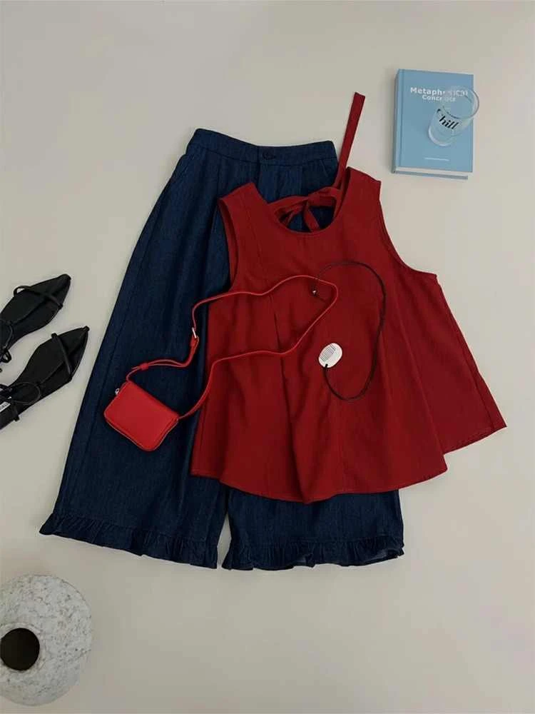 2025夏季新款小个子miu里miu气穿搭小香风红色背心阔腿裤两件套装