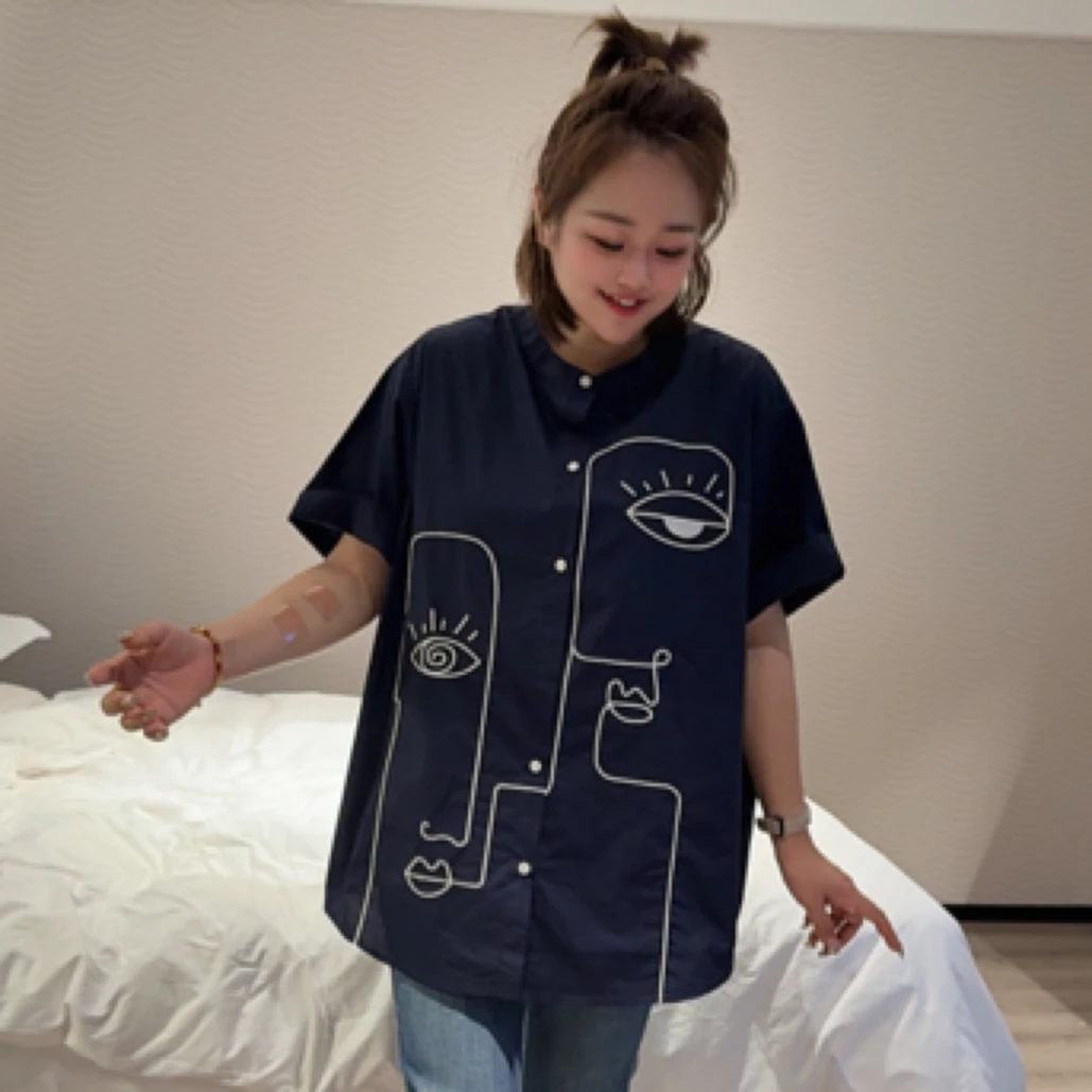 魏佳推荐-韩版宽松休闲时尚刺绣慵懒百搭圆领衬衫66255