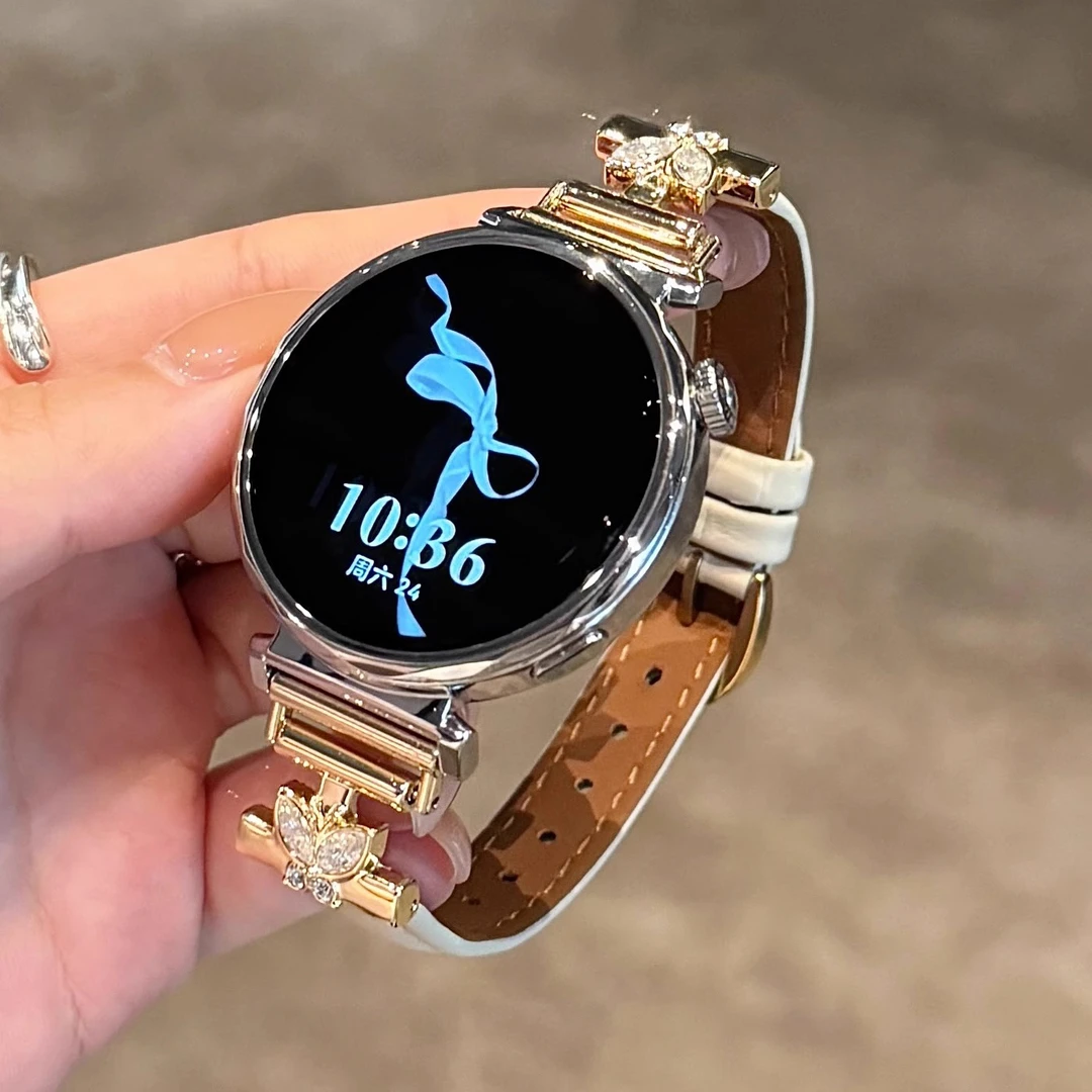 适用华为gt6高级感蝴蝶镶钻拼皮质手表表带watch45GT3GT4GT5pro41