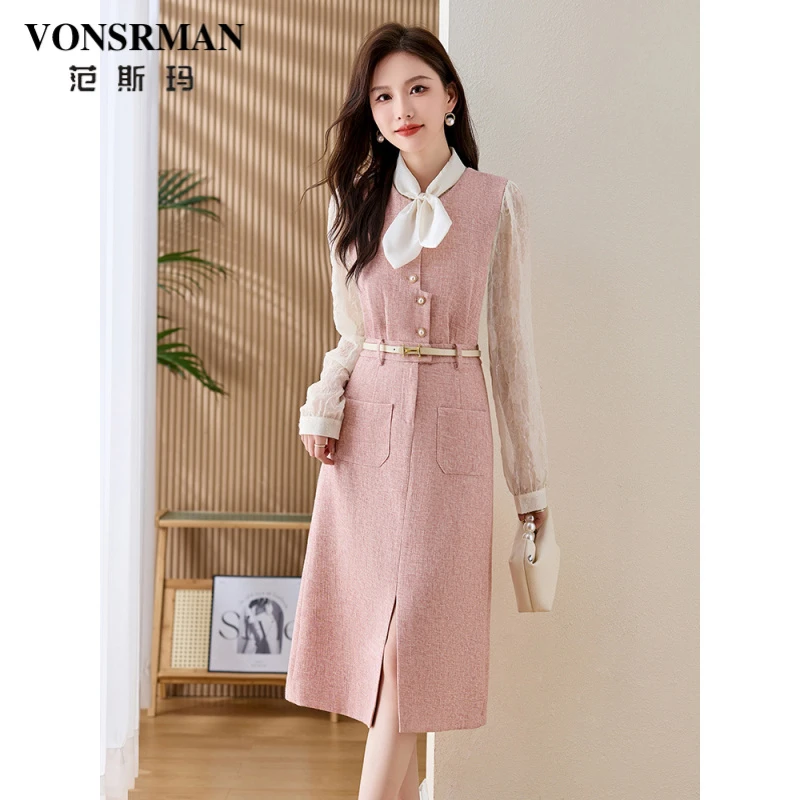 修身撞色连衣裙女装2025春秋季新款韩版法式长款时尚气质显瘦裙子