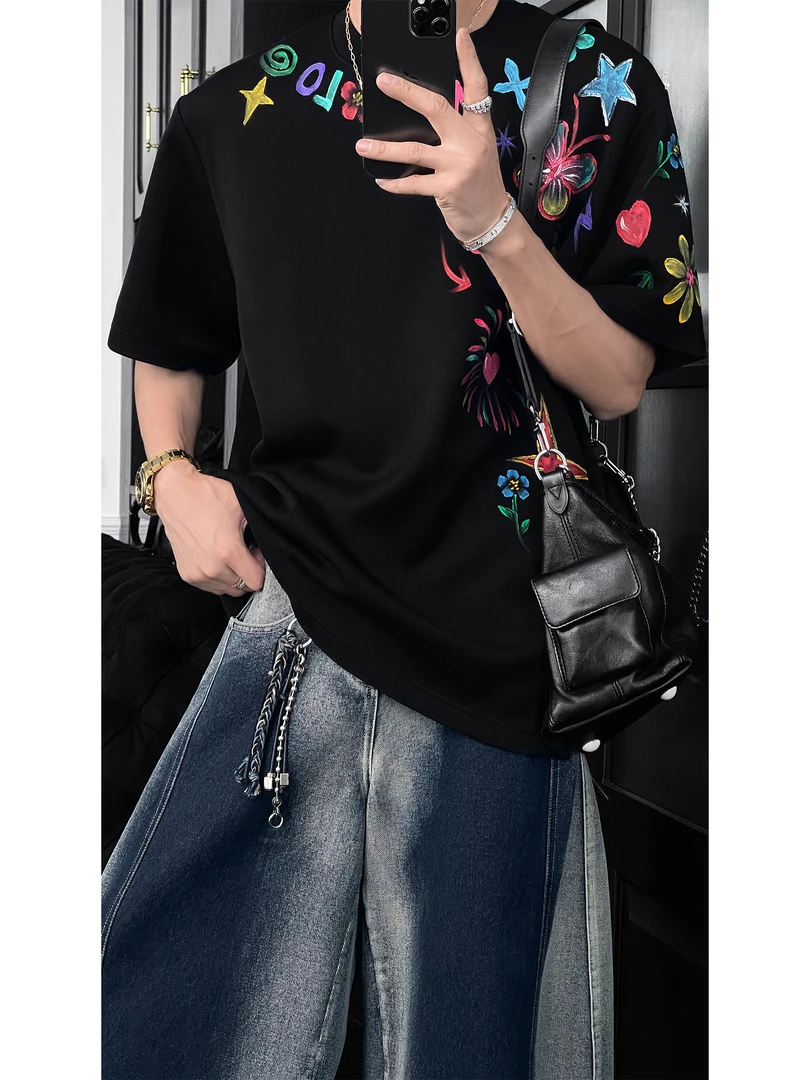 龙叨叨夏季新品原创设计款彩色涂鸦短袖T恤男女潮牌情侣宽松上衣