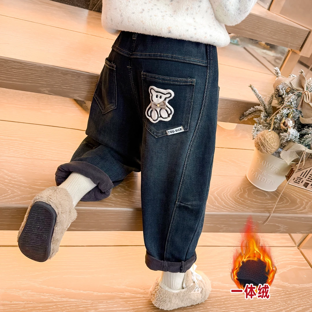 女童加绒牛仔裤洋气儿童秋冬装新款女宝宝一体绒休闲裤子小女孩潮