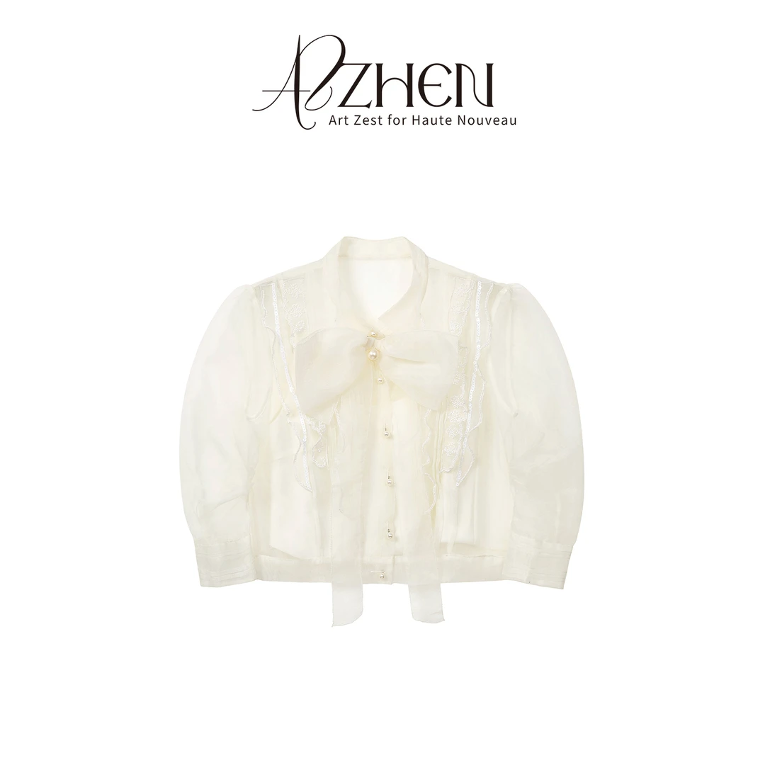 AZZHEN【雾白花语】 重工钉珠欧根纱蕾丝衬衫AZ4LSC12-00