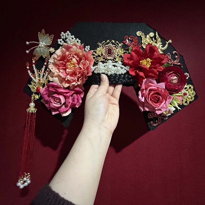 手工旗头大拉翅复古宫廷花朵流苏清朝满族头饰故宫拍摄古风发箍