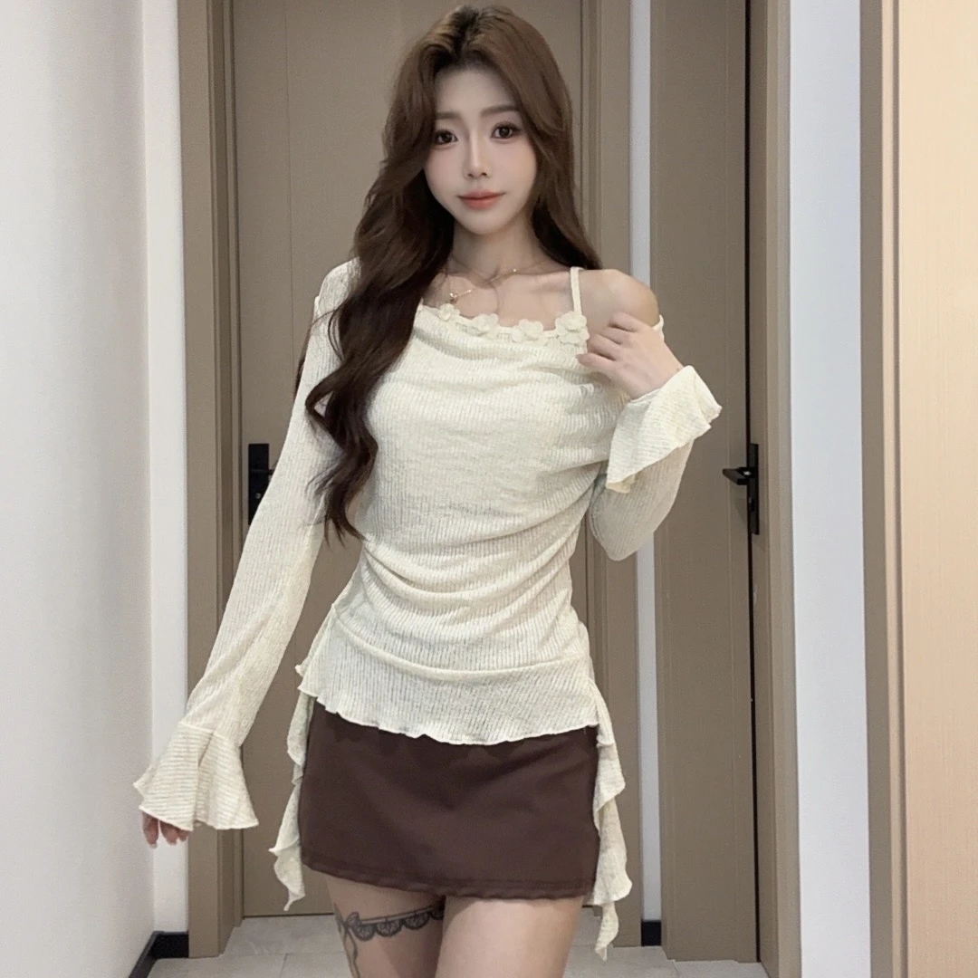 小众假两件长袖挂脖不规则