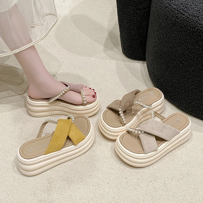 松糕厚底拖鞋女夏外穿2025新款法式珍珠百搭配裙子仙女风沙滩凉拖