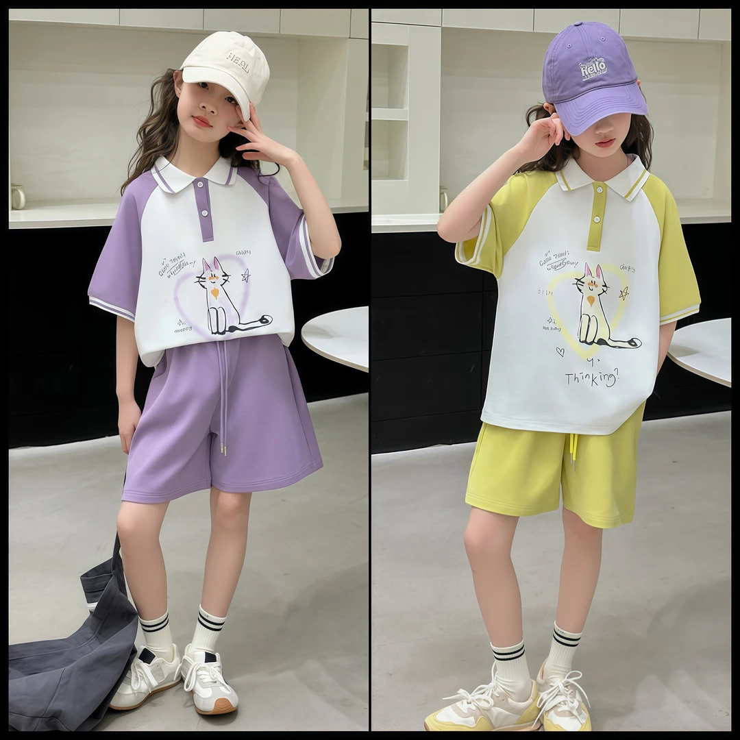 女童夏装套装2025新款小女孩洋气韩范衣服夏季休闲Polo衫短袖短裤