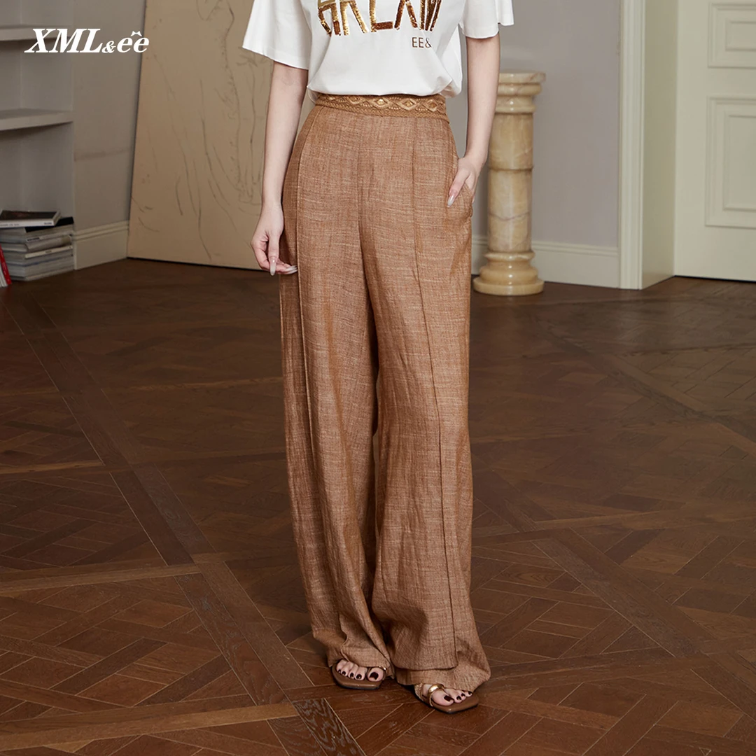 【晨粉专享价】艾米尔雅依 亚麻咖色高腰百搭休闲阔腿裤 Y511K1536