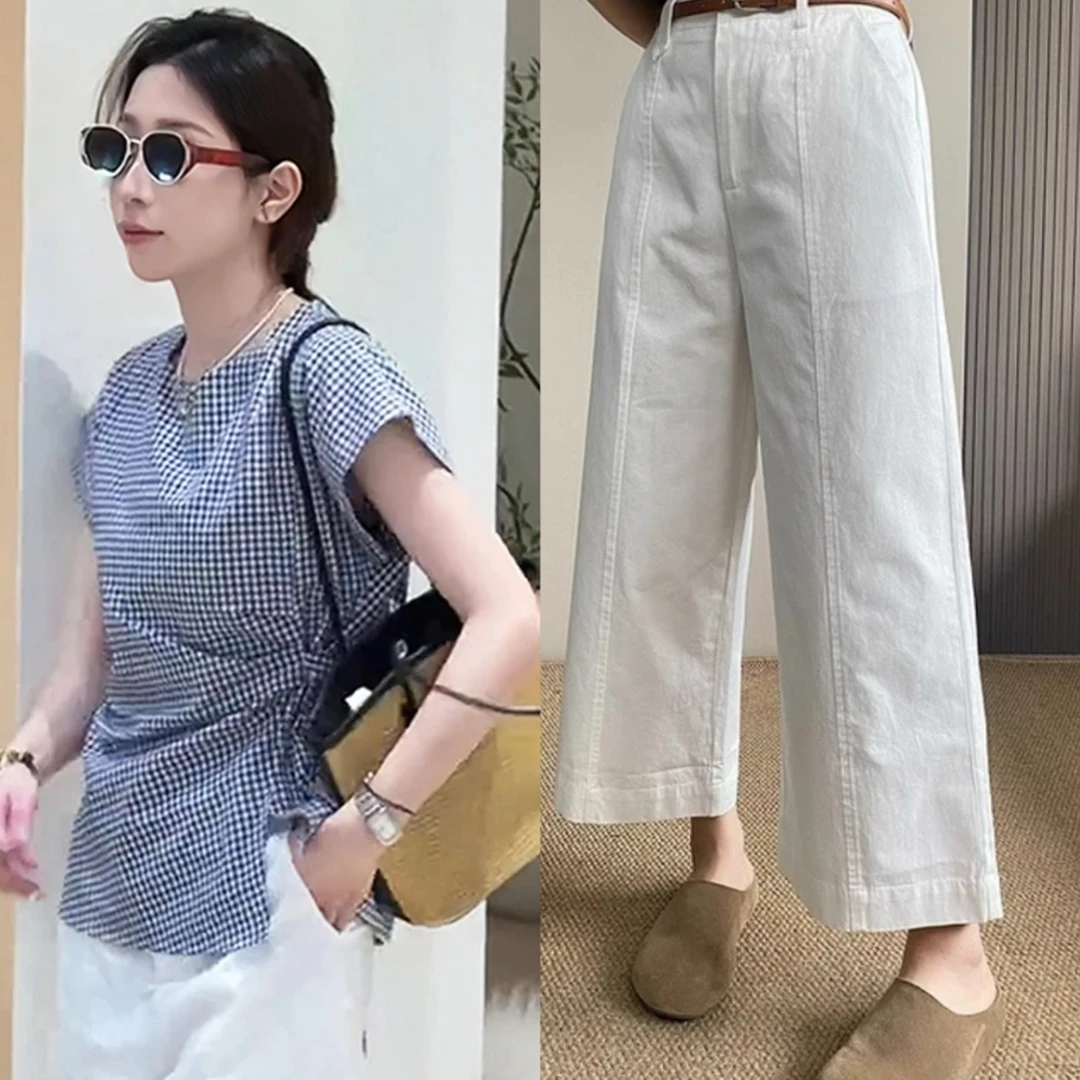 爆款高级感夏季两件套女装格子收腰小衫九分阔腿裤时尚巨好看套装