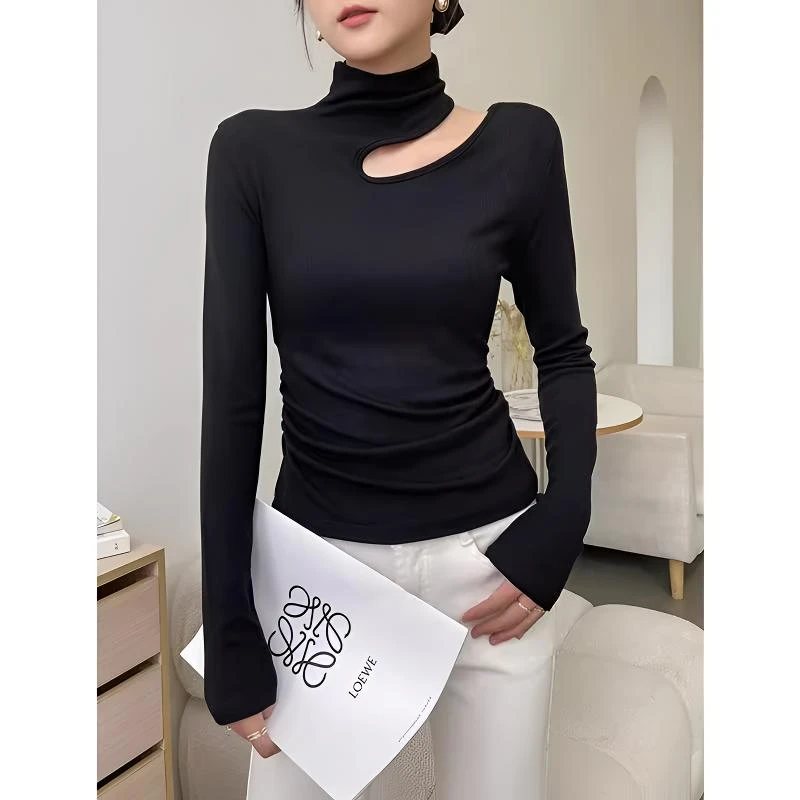 黑色半高领打底衫女秋冬2024新款镂空磨毛百搭长袖t恤上衣外穿