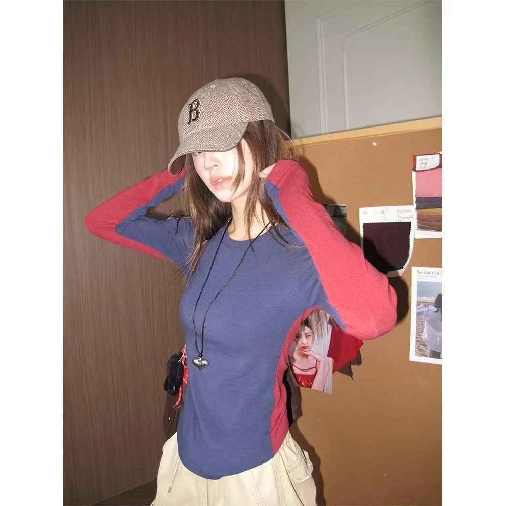 【拼接面膜T】新款设计感双面拼接长袖修身舒适加绒打底上衣女