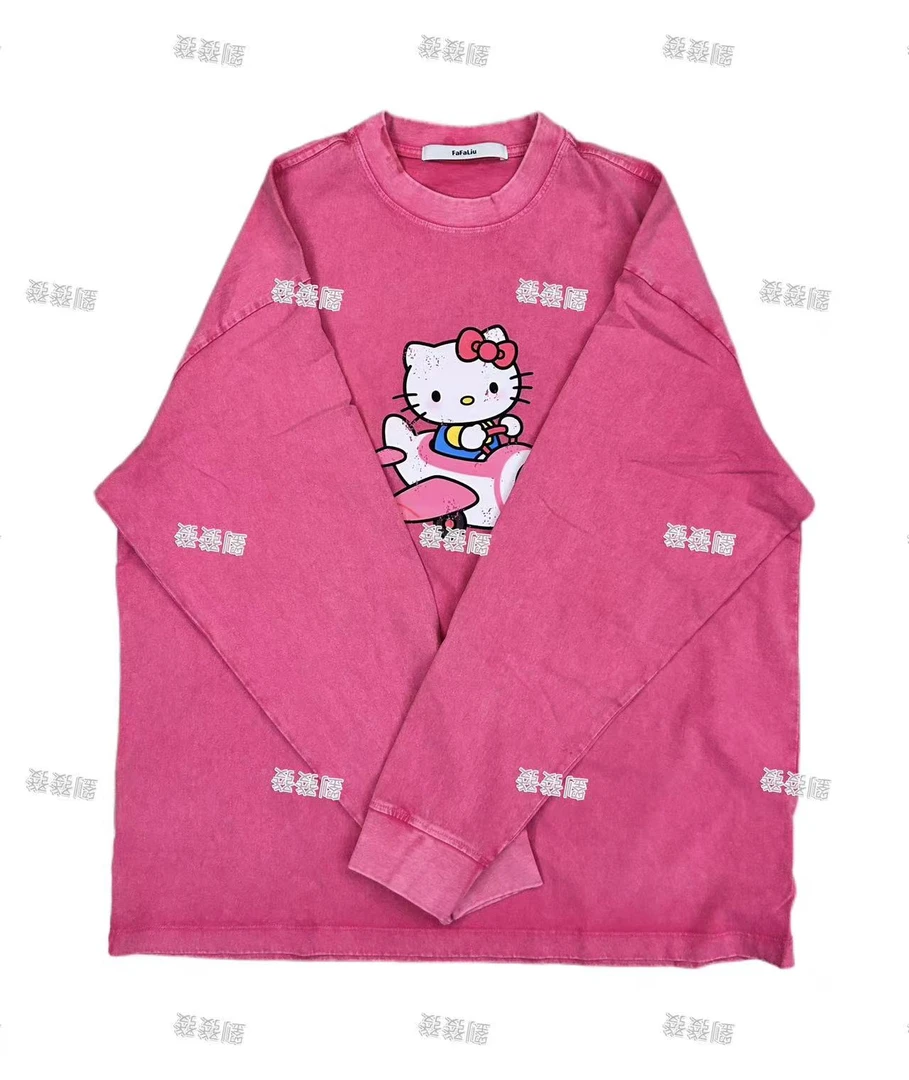 【劉發發】K090【飞机猫kitty长袖】新款时尚百搭宽松圆领洗水卫衣T