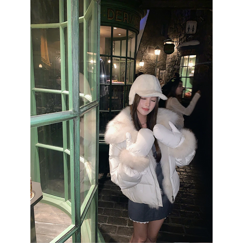 北欧雪宝 韩版毛领拼接面包服外套女装2025冬季加厚保暖棉衣棉服