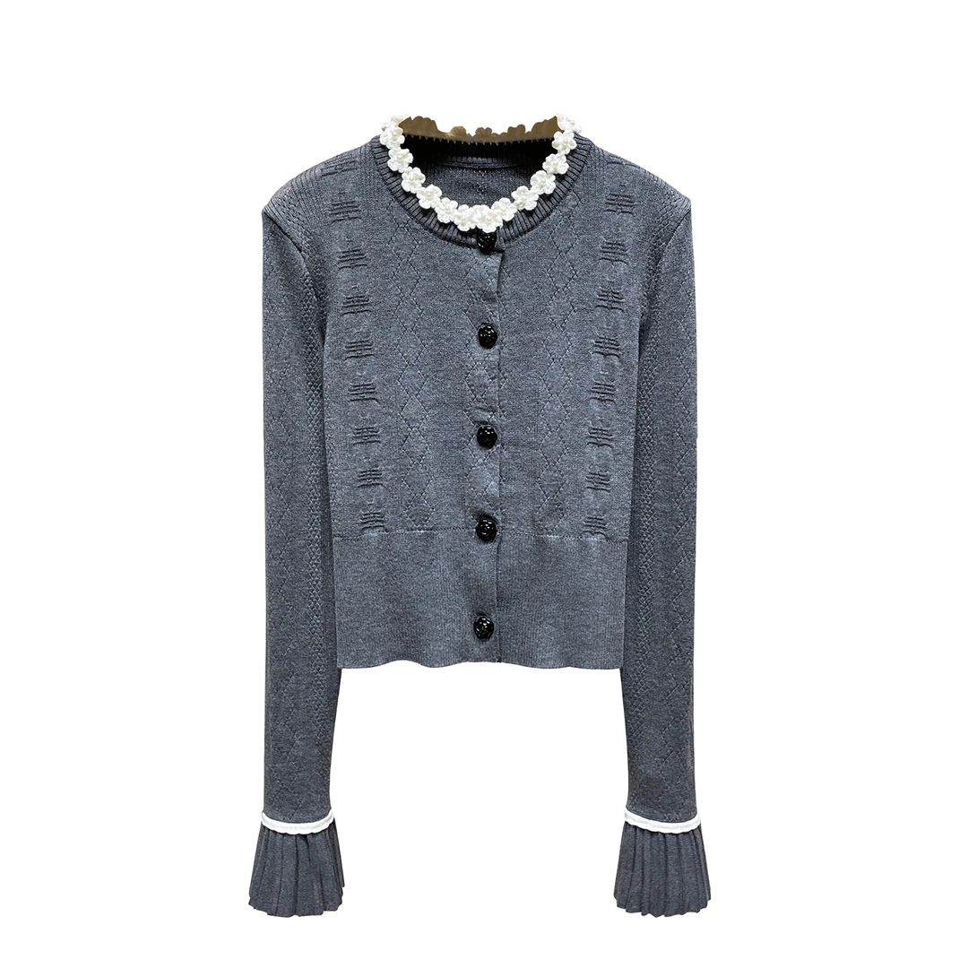 显瘦花朵圆领针织衫2025秋季新款高智风千金感甜美长袖开衫上衣