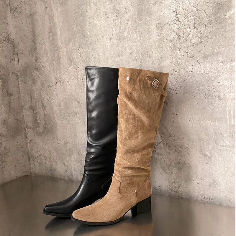 YUGE秋季上新新款褶皱堆堆靴 尖头粗跟不过膝靴子可调节扣4.5cm