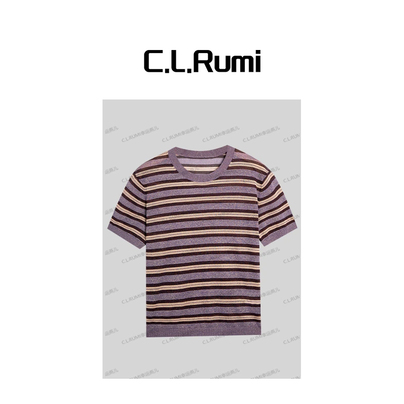 【Rumi精选】“梦幻紫”25夏凉感亮丝复古宽松条纹短袖T恤上衣6911sy