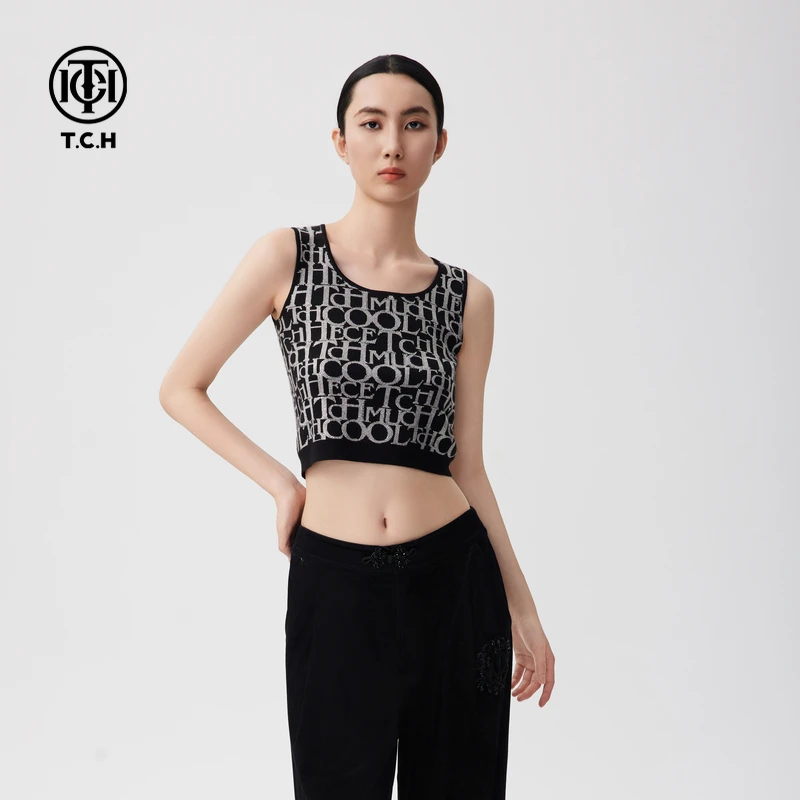 TCH轻奢烫钻工艺显瘦百搭印花字母针织背心女T72C038006私服tch