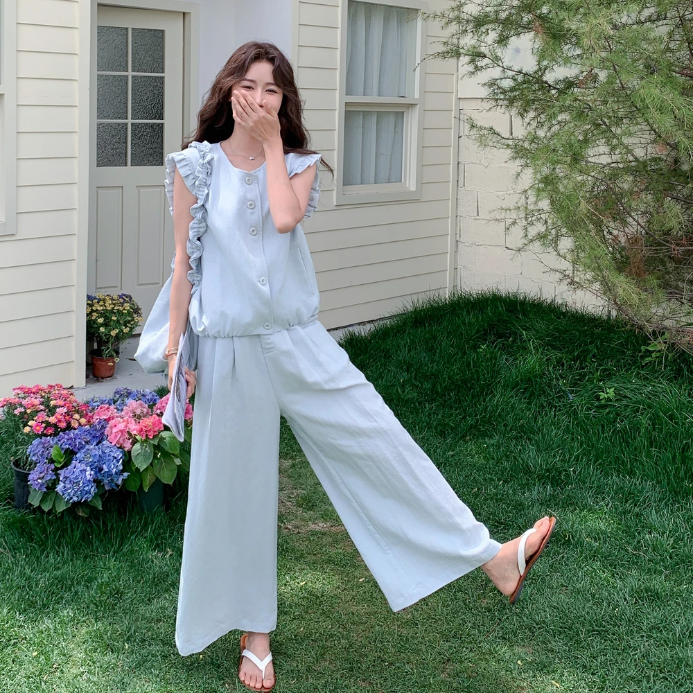 木耳边马甲时尚套装女欧洲站2025年夏季新款高腰休闲阔腿裤两件套