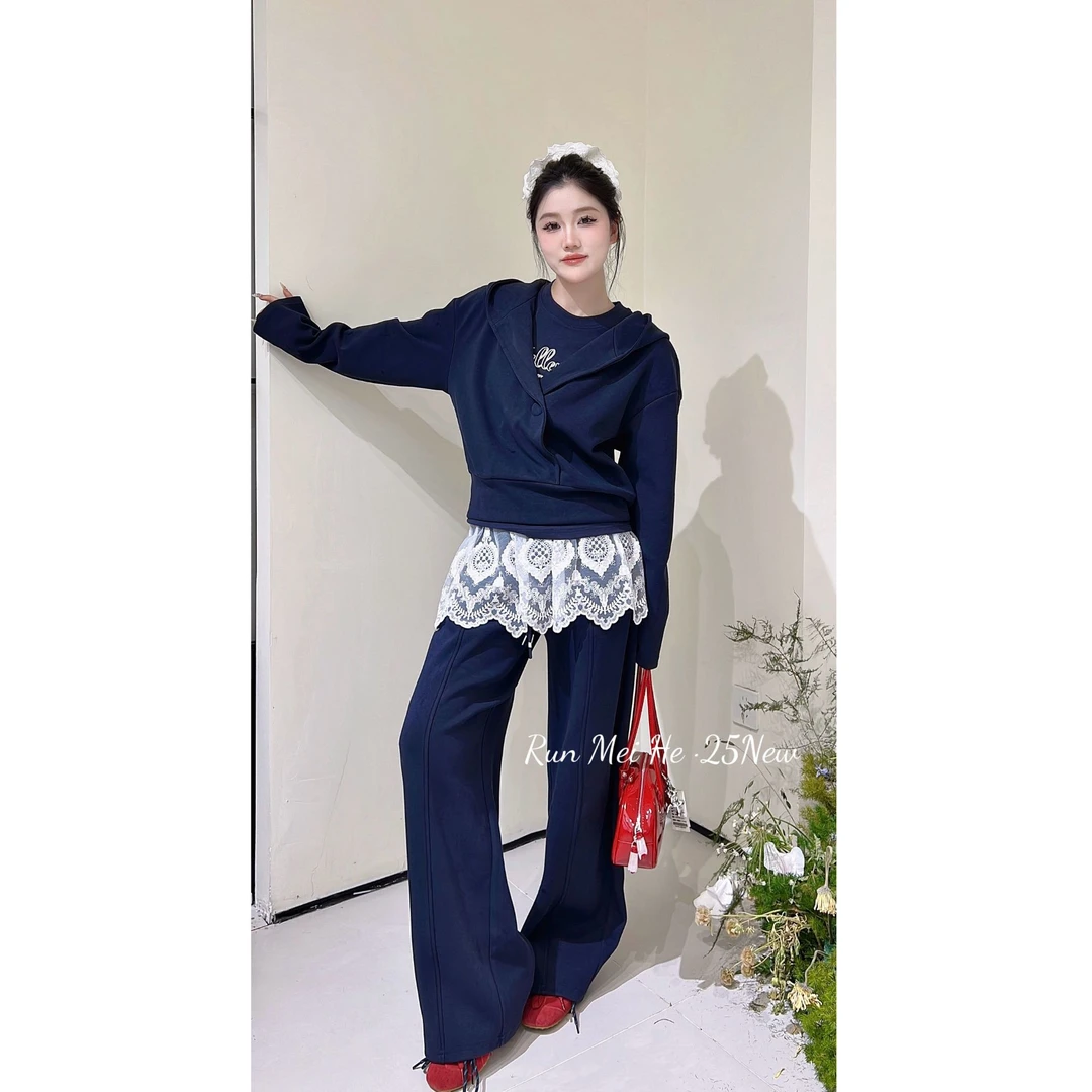 【春季新款】慵懒感一粒扣连帽套头卫衣长裤两件套套装 28M17