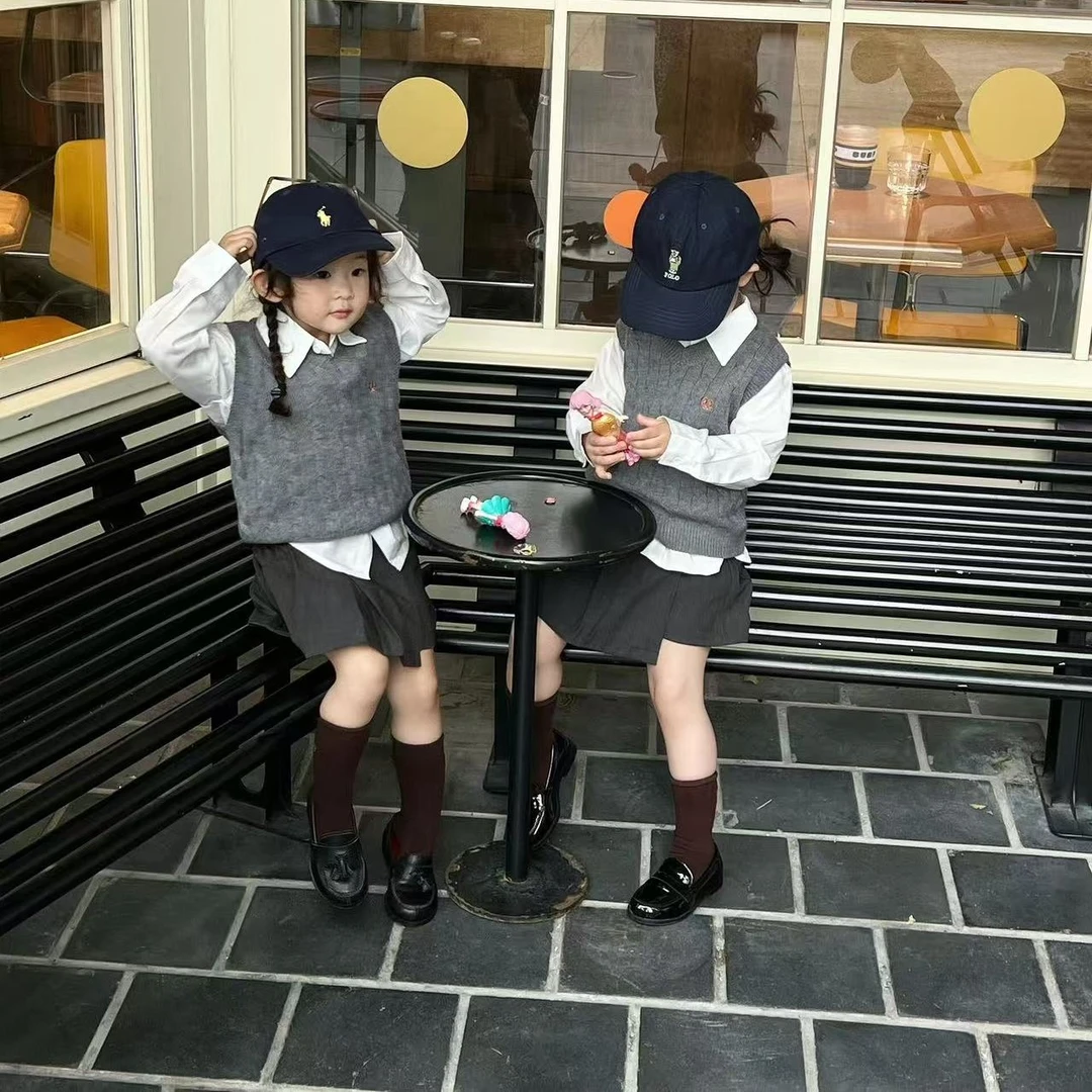 壹妈童装韩版女童时髦洋气套装2025秋装儿童灰色马甲学院风三件套