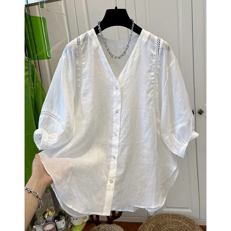 00605时尚高级感蕾丝V领麻料短袖衬衫娃娃衫薄款独特漂亮上衣女夏