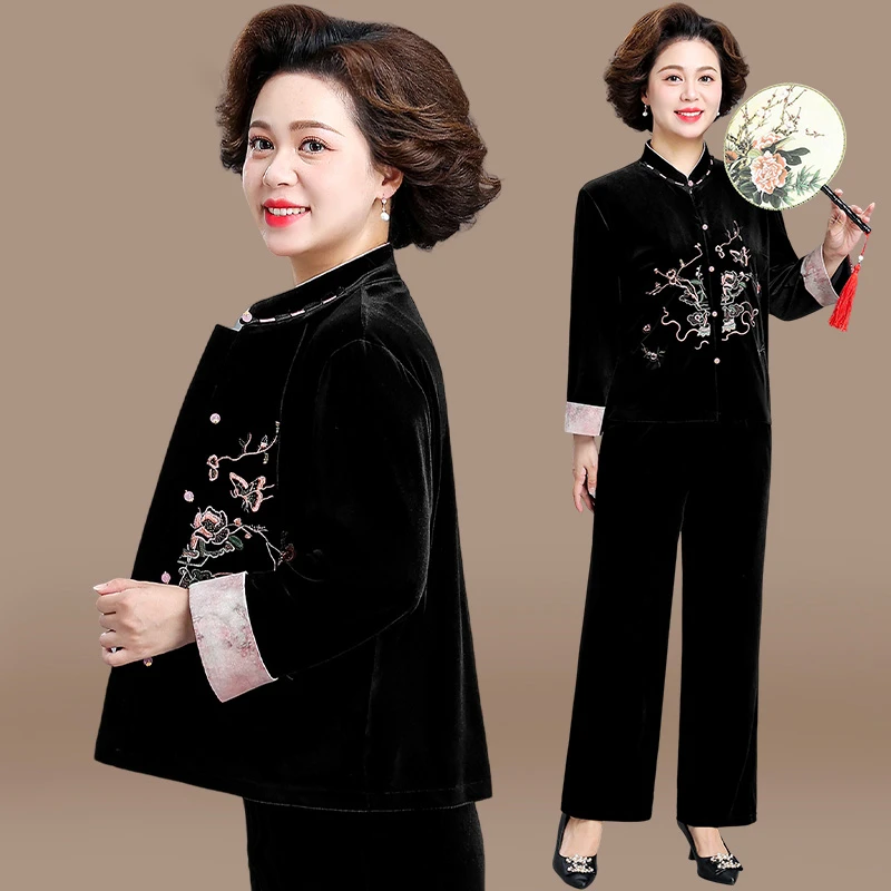 新中式妈妈秋装金丝绒套装2025新款中老年春秋外套气质唐装上衣女