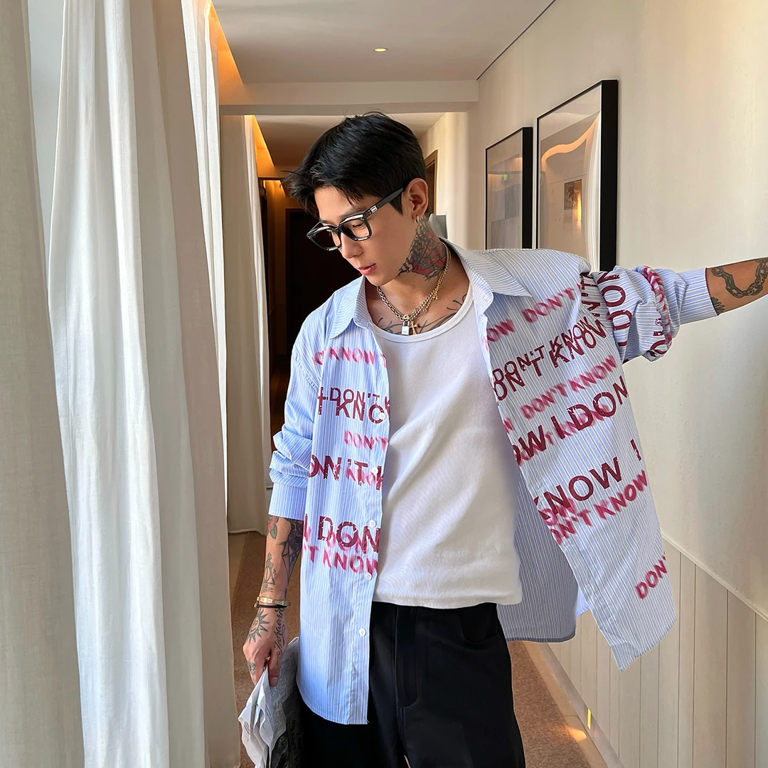 OXFREAK「斑驳泼墨 字母印花」蓝白条纹长袖衬衫男宽松高级感衬衣