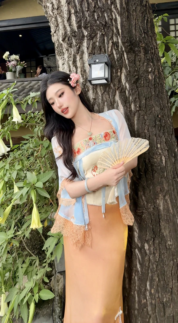 【媛珠 金海蓝橙】重工刺绣新中式开衫+吊带两件套国风短袖夏季