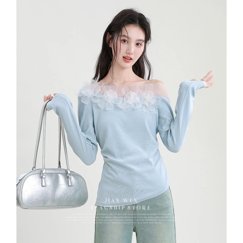 蕾丝网纱拼接立体花朵斜肩长袖T恤女2025春夏季新款收腰显瘦上衣