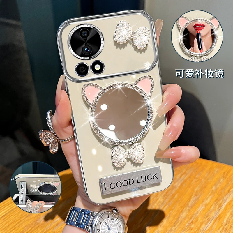 适用华为nova13领结猫耳补妆镜大视窗手机壳创意防摔网红女款