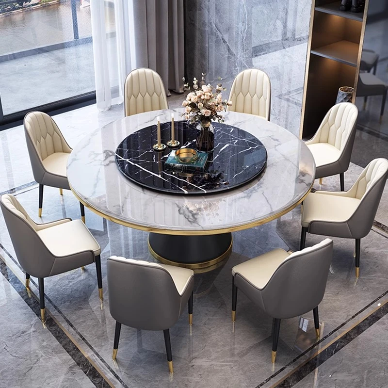 SOUTHLIFE/南方生活简约亮光岩板餐桌椅组合小户型圆形大理石桌