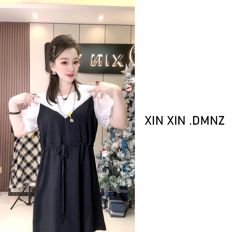 （鑫鑫甄选）洋气减龄夏季新款大码女装宽松遮肉蕾丝拼接撞色连衣裙