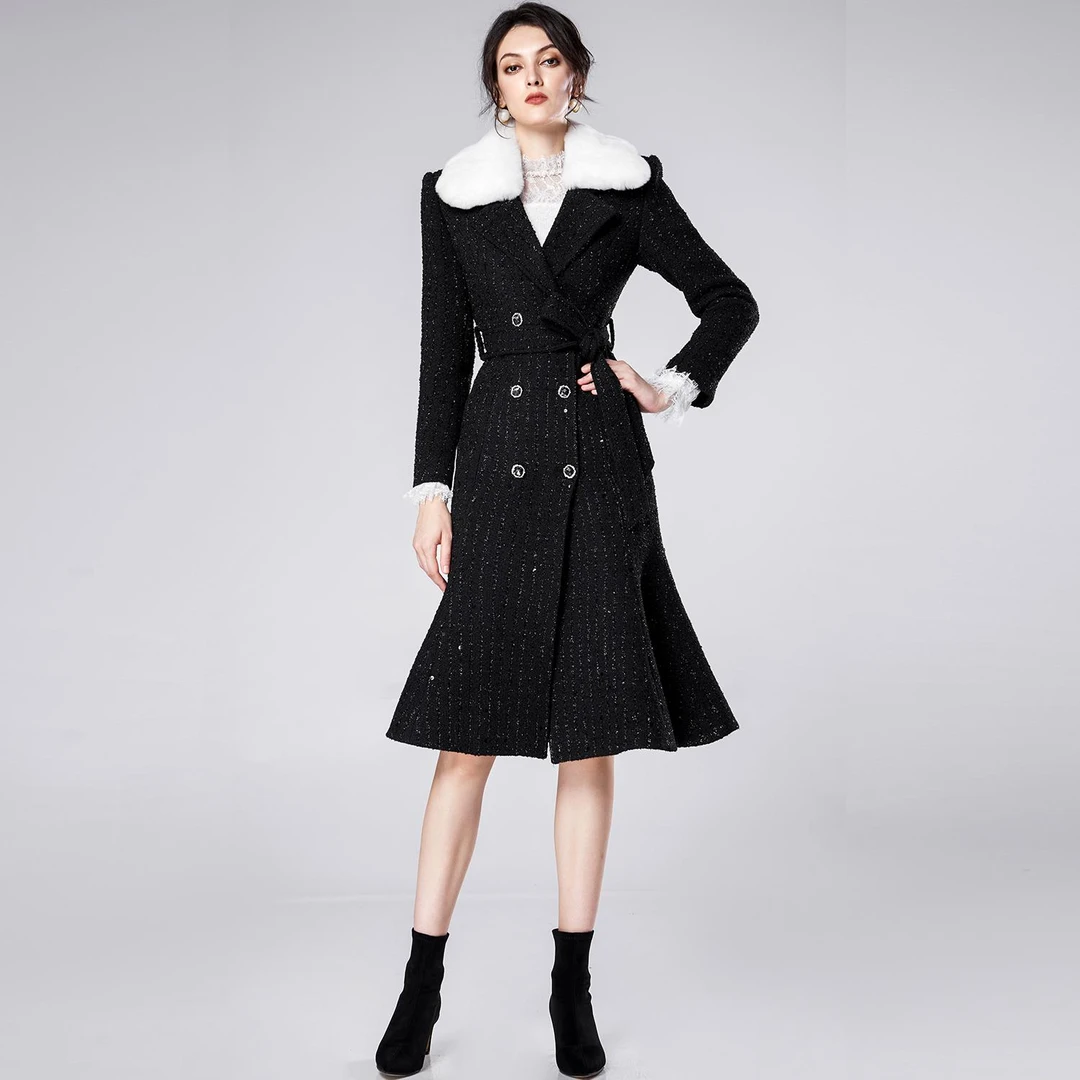 【粉丝专享】AUI黑色小香风毛呢外套名媛气质修身大衣MY-24D097721