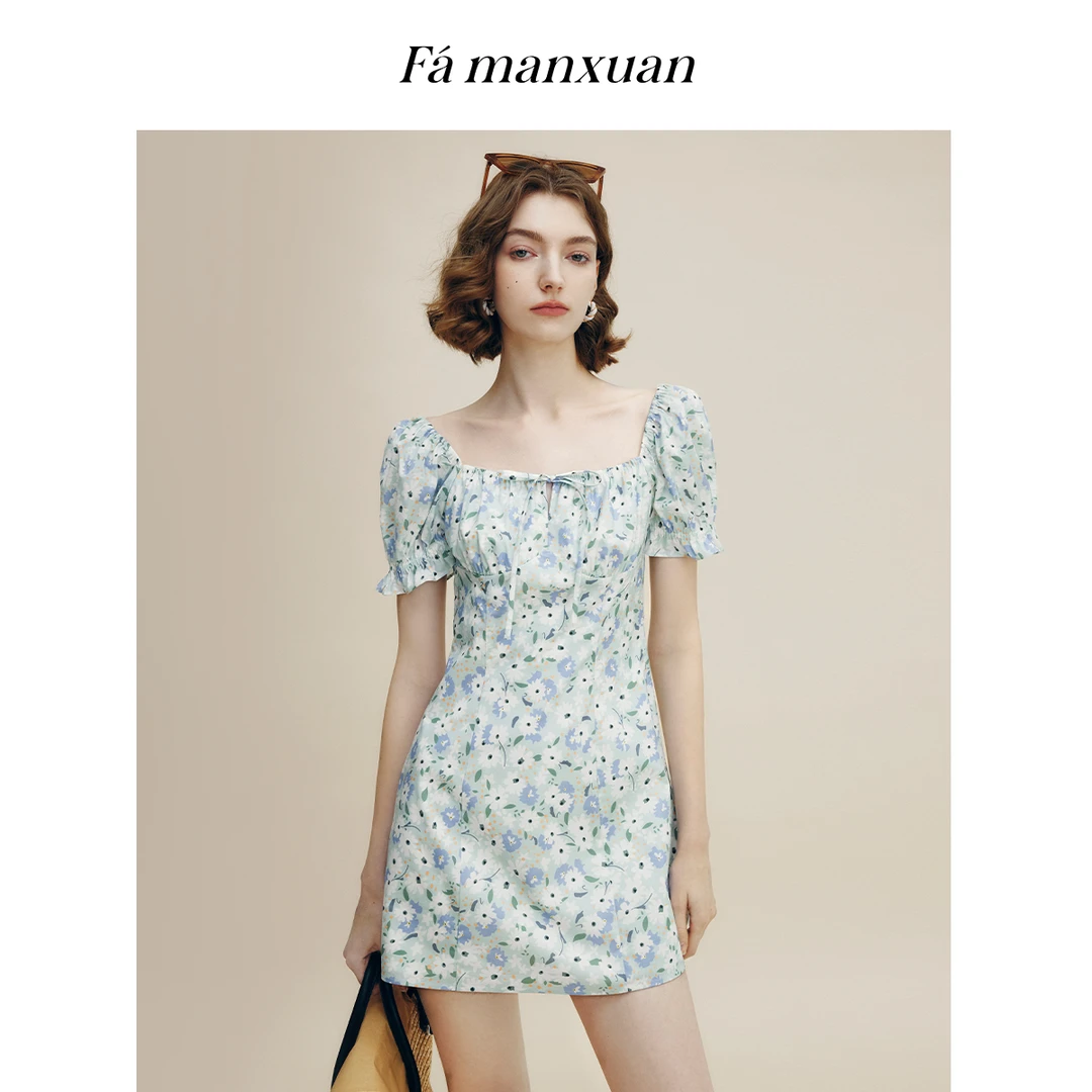 【陈大可专属】法曼萱莫奈花园方领收腰连衣裙2025夏裙子