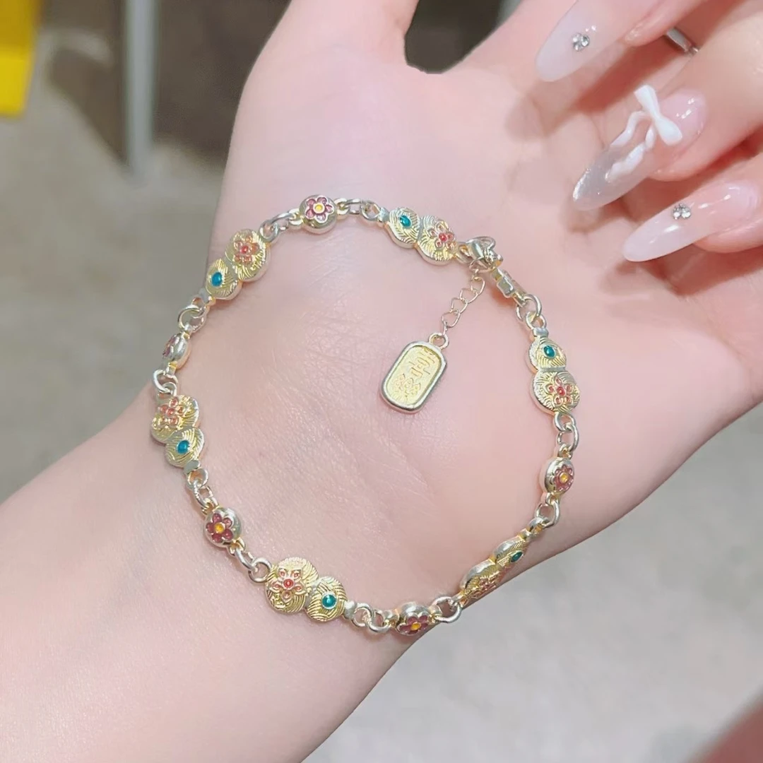 足银手链 足银999.9描金葫芦珐琅双面手链